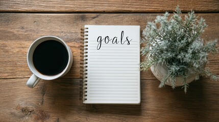 goals list with notebook, coffee cup, plant on wooden table. Resolutions, plan, goals, action, checklist, idea, notebook, wood, book, paper, nature, desk, business, spring, summer
