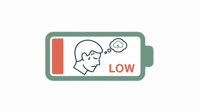 Minimalist line-art illustration of a human head with a thought bubble containing a lightning bolt and text reading LOW