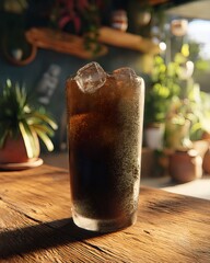 An atmospheric cafe illustration focusing on the refreshing clarity of iced americano and melting ice cubes