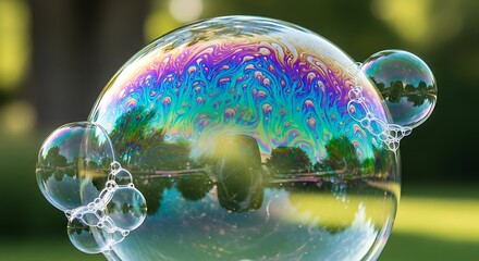 Iridescent soap bubble cluster reflecting the surrounding environment.