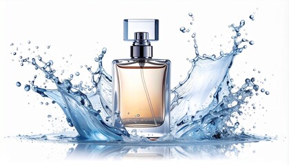 Elegant glass perfume bottle with dynamic water splashes, evoking freshness, purity, and a captivating aromatic experience, perfect for luxury product advertising