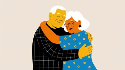 An illustration depicts an elderly couple embracing in a warm affectionate moment