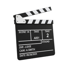 Obraz premium A pristine classic film clapperboard with black and white stripes and 'SCENE 1A' text, isolated on a pure transparent background with no shadows, commercial studio product photography concept