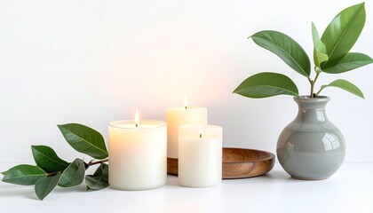 Serene ambiance of burning candles and fresh green leaves in a minimalist grey vase, creating a tranquil atmosphere