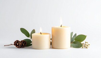 Warm glow of two lit candles with eucalyptus leaves and a pinecone creates a peaceful, cozy ambiance on a white background, ideal for relaxation