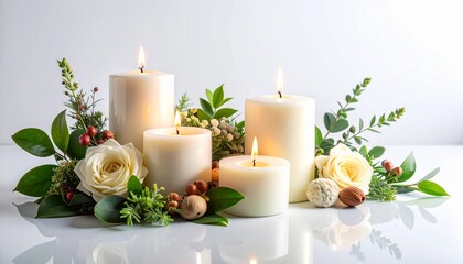 Four burning white candles decorated with white roses, green leaves, and small decorative balls on a reflective surface