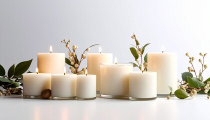 Elegant white pillar candles cast a warm, soft glow, arranged with fresh green foliage and delicate white berries, perfect for festive ambiance or tranquil home decor