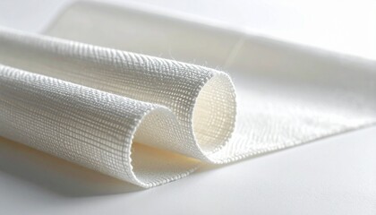 A roll of white, textured fabric draped over a clean surface, showcasing its subtle weave and soft folds