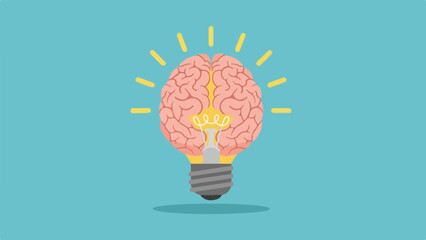 Illustration of a human brain fused with a light bulb on a blue background