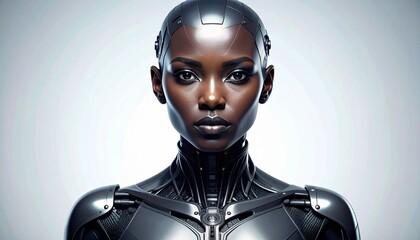 Captivating portrait of an advanced African cybernetic woman, embodying the powerful fusion of human elegance and cutting-edge artificial intelligence, set against a stark, futuristic backdrop