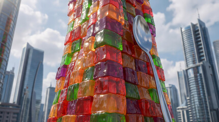 A surreal scene: a huge pillar built of colorful jelly cubes rises among city skyscrapers
