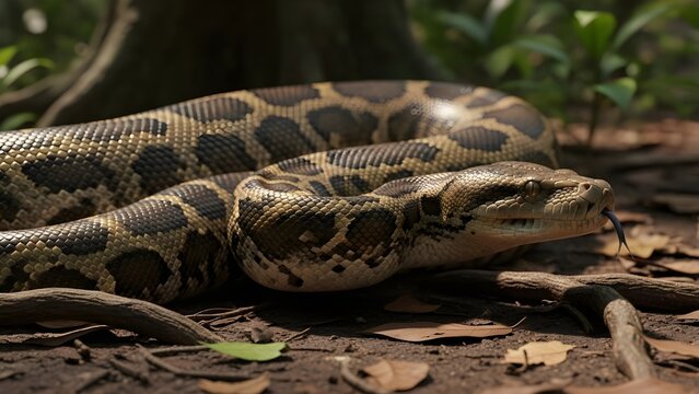 Ball python coiled on forest floor | Exotic reptile portrait. A beautiful ball python (Python regius) resting in a natural forest environment. The snake's distinctive brown and tan patterned body