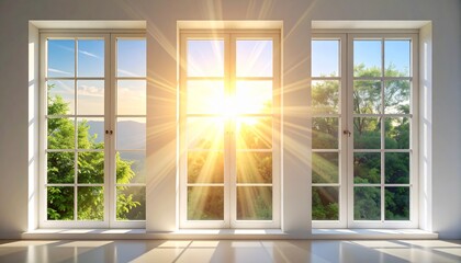 Bright golden sunlight streaming through a large central window illuminates a pristine white room, casting warm rays and creating a serene, optimistic atmosphere with lush green nature visible outside