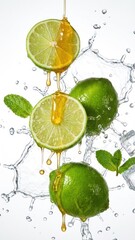 fresh lime slices with honey dripping and water splashing effect in a bright and clean shot