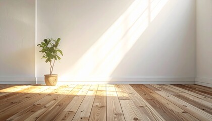 Bright minimalist room with white walls, wood floor, and a plant, bathed in sunlight, offering a serene empty space for modern design