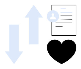 Data management, information exchange, healthcare, love, user profiles, digital processes. Up and down arrows, heart symbol and a document with a user icon. Data management and information exchange © robu_s