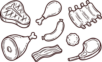 Hand-Drawn Meat and Food on White Background