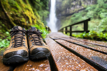 Hiking boots on a wooden path near a waterfall in a lush environment.