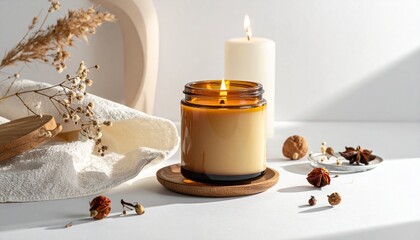 Cozy ambiance with a lit scented candle, dried flowers, and small decorative elements on a white surface