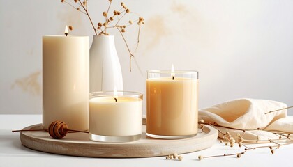 Warm and Cozy Ambiance Serene Lit Candles Illuminate a Peaceful Home Decor Scene with Natural Elements, Creating a Relaxing and Inviting Atmosphere on a White Table