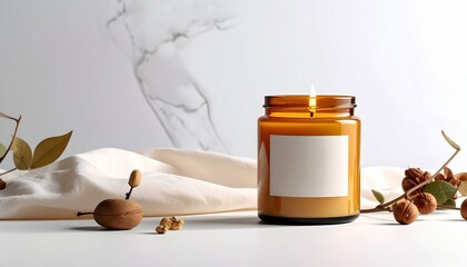 Amber glass candle with blank label on a white surface with neutral fabric and dried natural elements, ambient lighting
