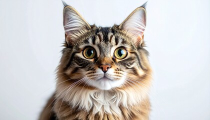 Close-up portrait of a beautiful brown tabby cat with distinctive ear tufts and wide, captivating eyes looking directly forward, set against a clean white studio background
