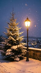 snow covered evergreen tree beside glowing vintage street lamp at dusk with gentle falling white snow