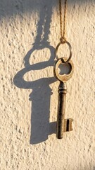 single metal key hangs suspended from a ring casting long shadow on textured white surface sunlight