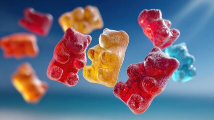 Vibrant Assortment of Colorful Gummy Bears Floating in Mid-Air Against Soft Focus Blue Sky Background with Sunlightgummy bears