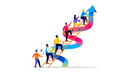 Career Growth and Business Success Concept: Team Climbing Ladder on DNA Spiral Arrow to Reach the Top Goal