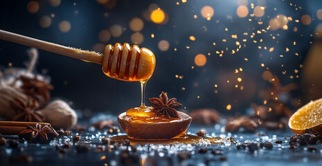 Honey Dripping Dipper Star Anise Spices Festive Food Photography