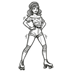 Fototapeta premium Modern black and white illustration of a confident woman in retro 1970s fashion wearing roller skates. Trendy character design for lifestyle, fitness, and vintage disco themes.