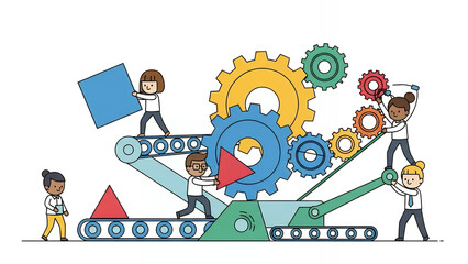 Teamwork and Process Automation. Business people operating a complex machine with gears, conveyor belt, and geometric shapes. Isolated line art vector.