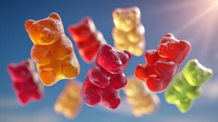Colorful Assorted Gummy Bears Floating in Mid-Air Against a Vibrant Blue Sky with Sunlight Highlighting Their Translucent Jelly Bodiesgummy bears