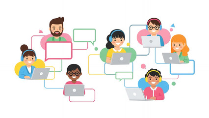 Diverse Virtual Team Communication Network. People with Laptops and Headsets Connecting Online for Remote Work, Collaboration, or Customer Support.