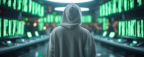 Hooded Figure in Futuristic Data Center