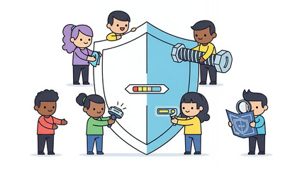 Teamwork in Cybersecurity: Diverse workers building, maintaining, and strengthening a digital security shield and data protection system.