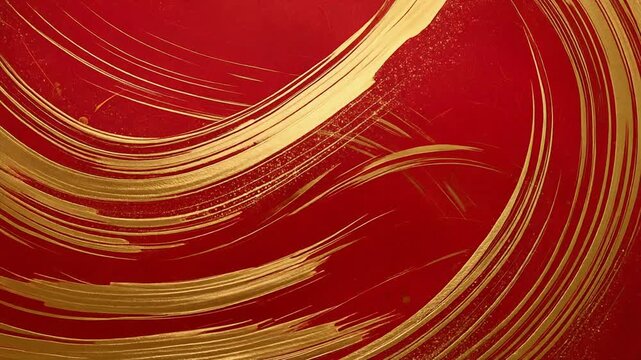 赤い紙に描かれた豪華な金色の筆ストローク　モダンな背景