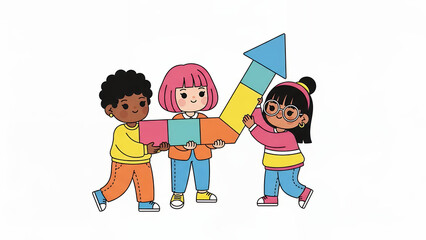 Diverse Kids Team Collaborating to Lift Upward Growth Arrow. Teamwork, Success, and Educational Achievement Illustration on White Background.