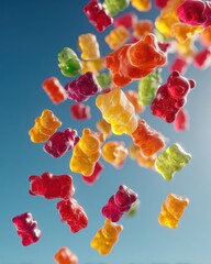 Vibrant Assortment of Colorful Gummy Bears Suspended Against a Clear Blue Sky Capturing a Sweet and Playful Mid-Air Displaygummy bears