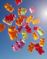 Vibrant Assortment of Colorful Gummy Bears Floating in Blue Sky with Sunlight, Capturing Playful Candies in Mid-Air on a Bright DayGummy bears