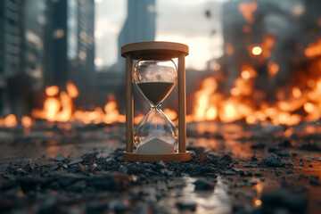 Hourglass Amidst Urban Destruction