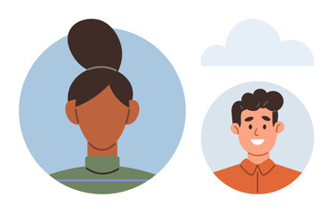 Fototapeta premium Side-by-side faces in circular frames presenting cheerful connection and inclusivity. Ideal for teamwork, diversity, communication, networking, optimism, identity, community. Modern simple flat