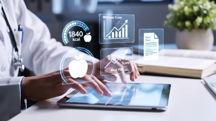 A doctor interacting with digital health data on a tablet, with nutritional information - Powered by Adobe