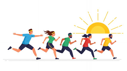 Diverse People Running Together at Sunrise. Marathon, Jogging, Fitness, and Healthy Lifestyle Group Sport Vector Illustration.