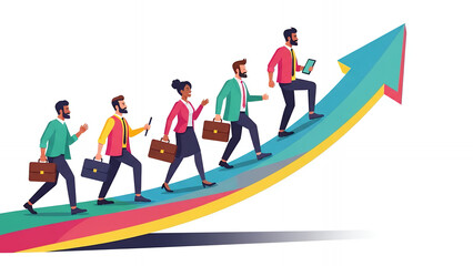 Diverse Business Team Climbing Upward Arrow Chart | Career Growth, Success, and Market Progress Vector Illustration
