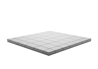 Pristine light grey square-tiled surface with distinct grout lines receding into a pure transparent background, ample copy space, soft shadowless studio lighting, clean product display concept