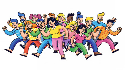 Colorful Diverse Crowd of People Running Forward. Dynamic Teamwork, Community, Competition, and Positive Energy Vector Illustration.