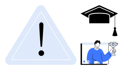 Exclamation mark triangle, graduation cap, and person holding a trophy depict online education success. Ideal for e-learning platforms, success themes, digital education, achievement, awards