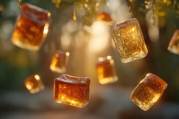 Golden Honey Cubes Suspended in Air Catching Sunlight Against a Soft Green Nature Background, Evoking a Sense of Warmth and Sweetnesshoney